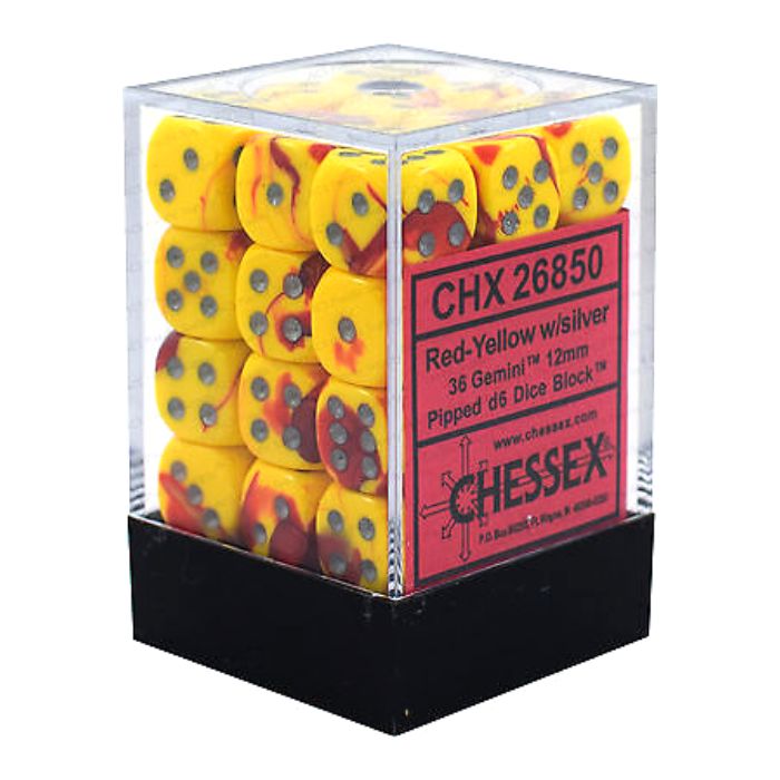 Chessex - Gemini 12mm d6 Dice Blocks with pips Dice Blocks (36 Dice) - Red-Yellow w/silver