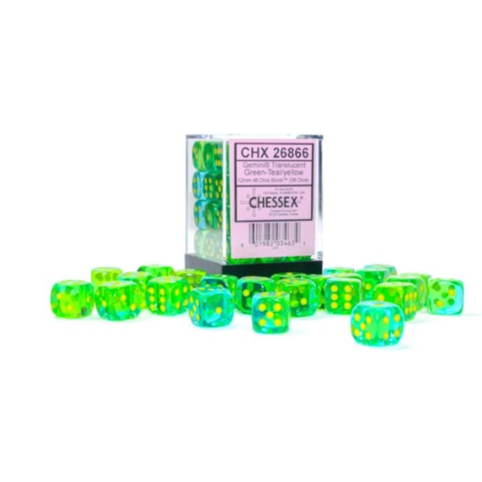 Chessex - Gemini Translucent Green-Teal/yellow 12mm d6 Dice Block (36 dice)