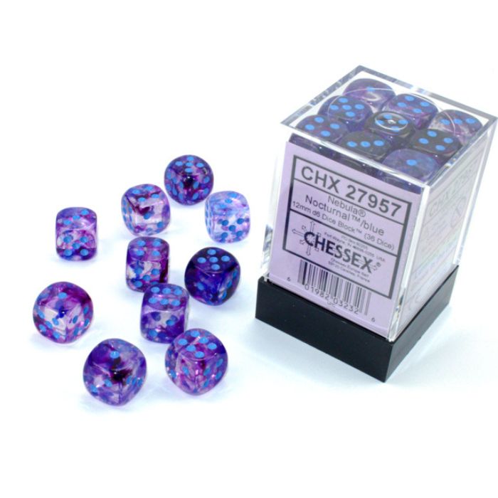 Chessex - Nebula Nocturnal/blue Luminary 12mm d6 Dice Block (36 dice)