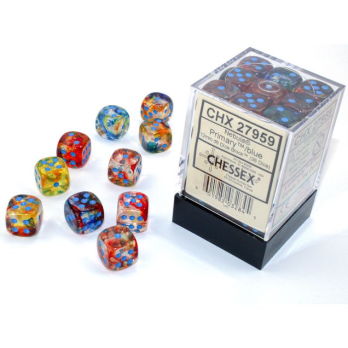 Chessex - Nebula Primary/blue Luminary 12mm d6 Dice Block (36 dice)