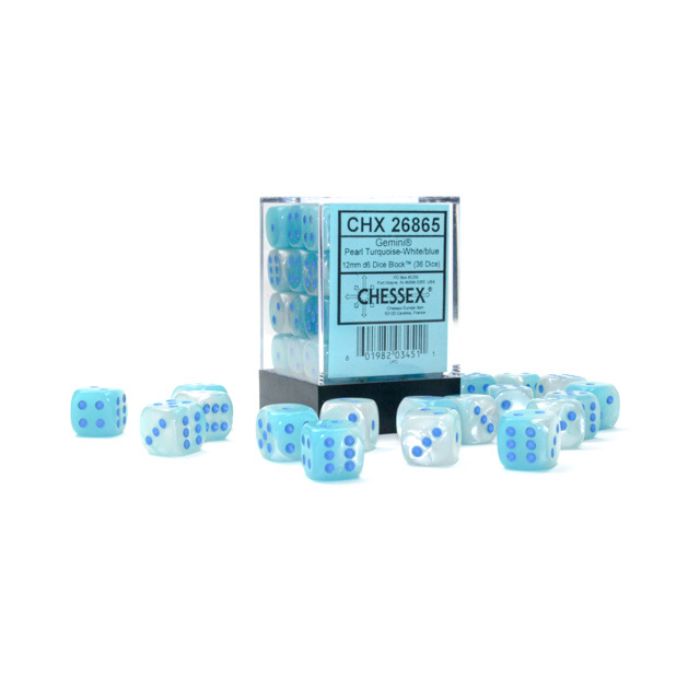 Chessex - Gemini Pearl Turquoise-White/blue Luminary 12mm d6 Dice Block (36 dice)