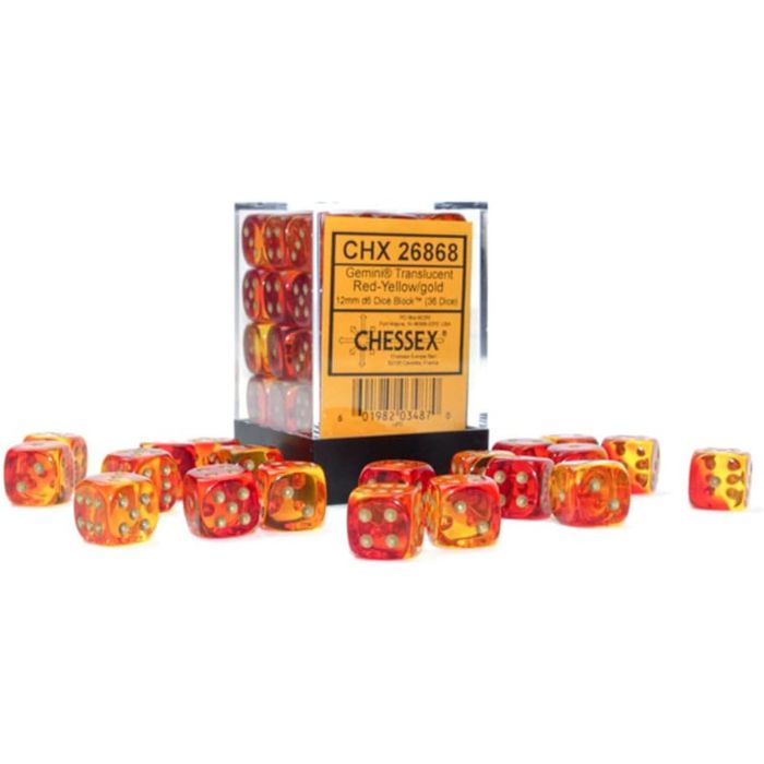 Chessex - 12mm d6 Translucent Red-Yellow/gold Dice Block (36 dice)
