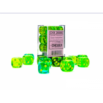 Gemini 16mm d6 Translucent Green-Teal/yellow Dice Block (12 dice)