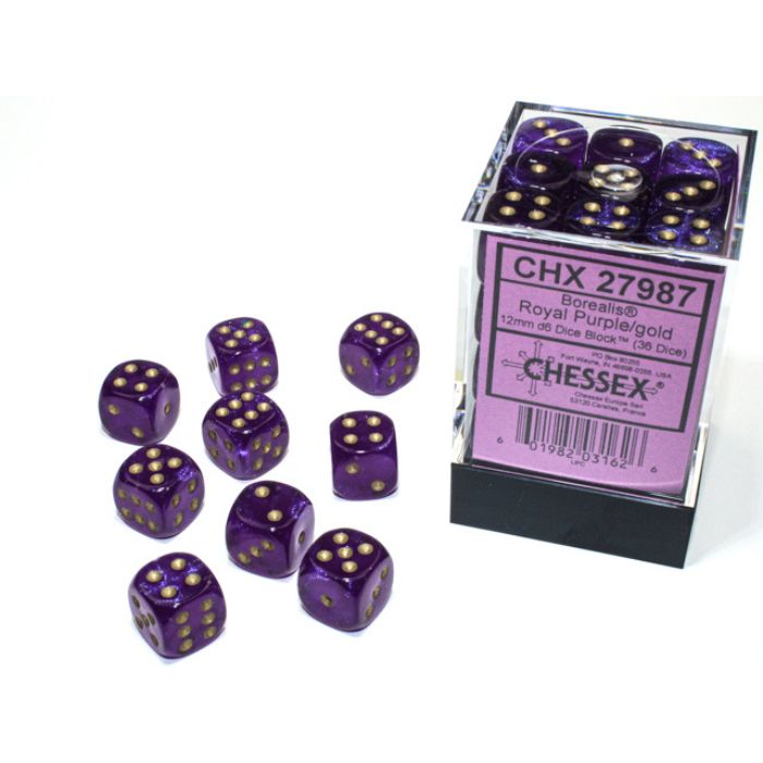 Chessex - Borealis Royal Purple/gold Luminary 12mm d6 Dice Block (36 dice)