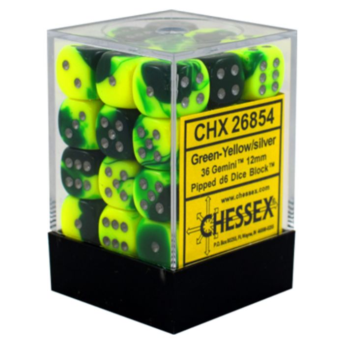 Chessex - Gemini 12mm d6 Dice Blocks with pips (36 Dice) - Green-Yellow w/silver