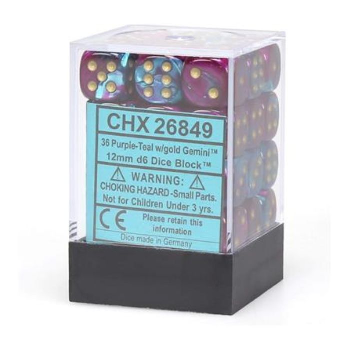 Chessex - Gemini 12mm d6 Dice Blocks with pips (36 Dice) - Purple-Teal w/gold