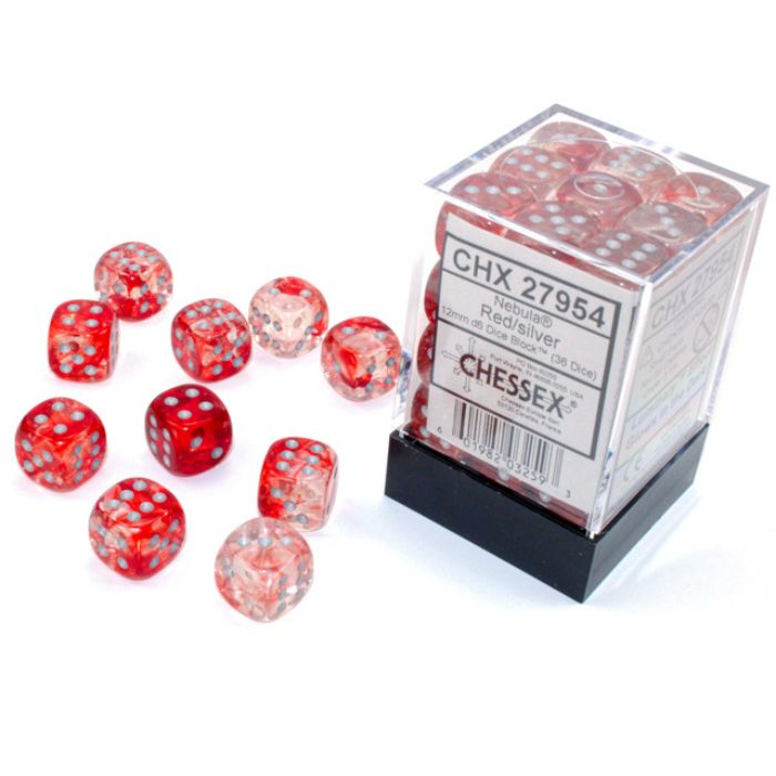 Chessex - Nebula Red/silver Luminary 12mm d6 Dice Block (36 dice)
